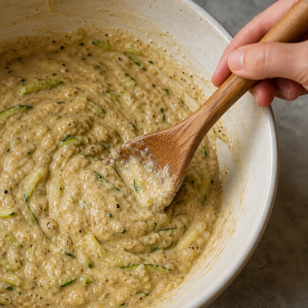 Zucchini bread batter mixed in a bowl with visible grated zucchini