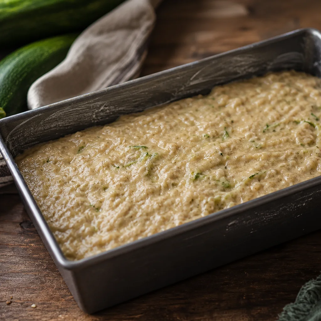 Zucchini bread batter spread in a greased metal loaf pan before baking