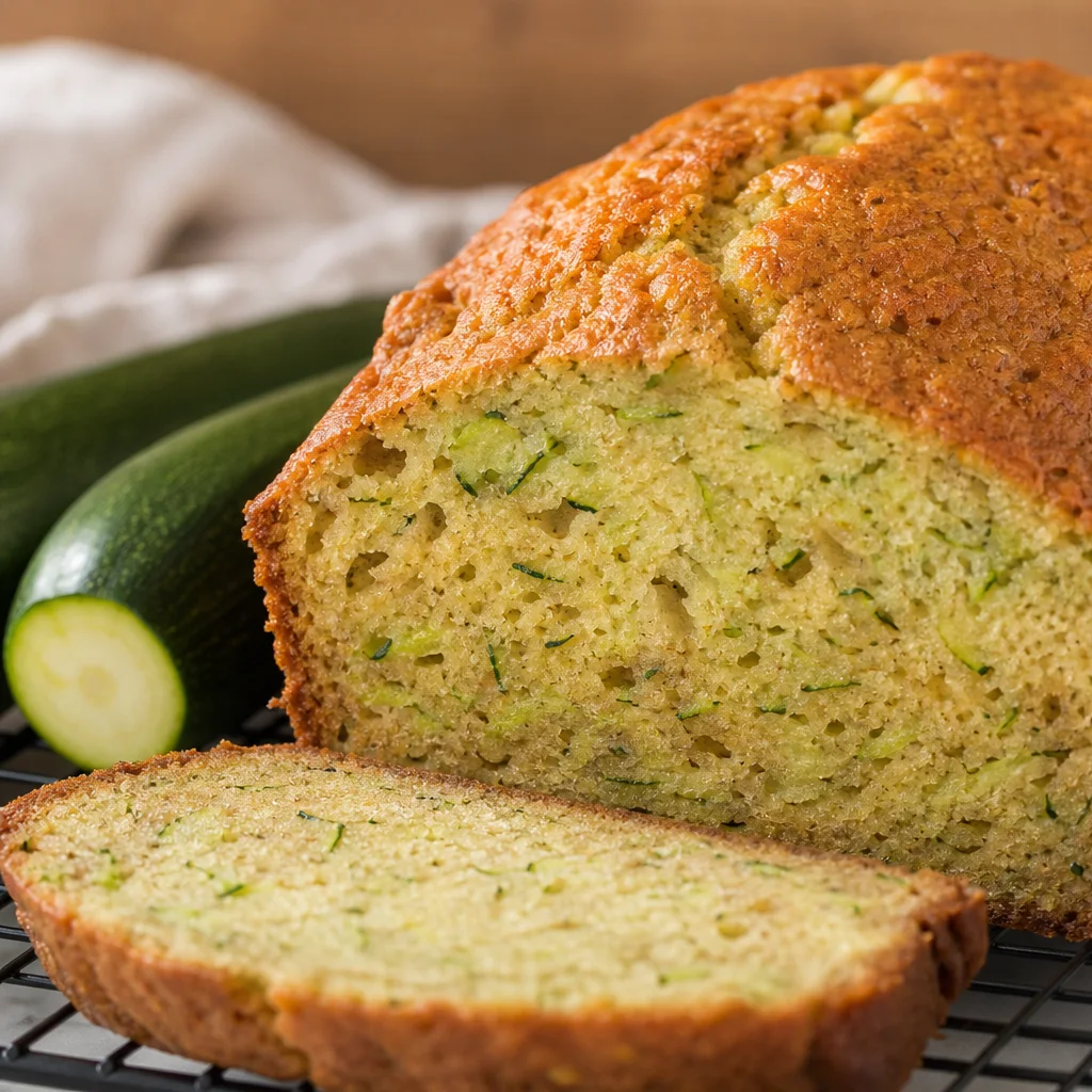Golden baked zucchini bread cooling on a wire rack with sliced end showing moist crumb