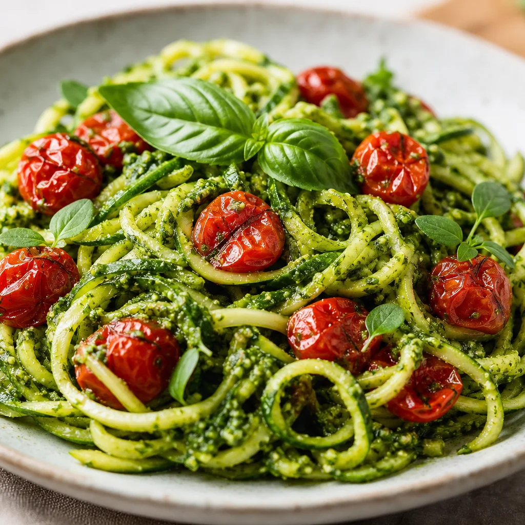 Zucchini noodles with basil pesto and roasted cherry tomatoes