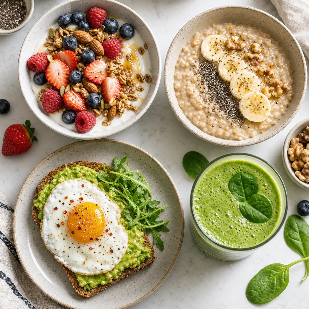 Clean eating breakfast examples with Greek yogurt and berries, oatmeal with banana, avocado toast with egg, and a green smoothie