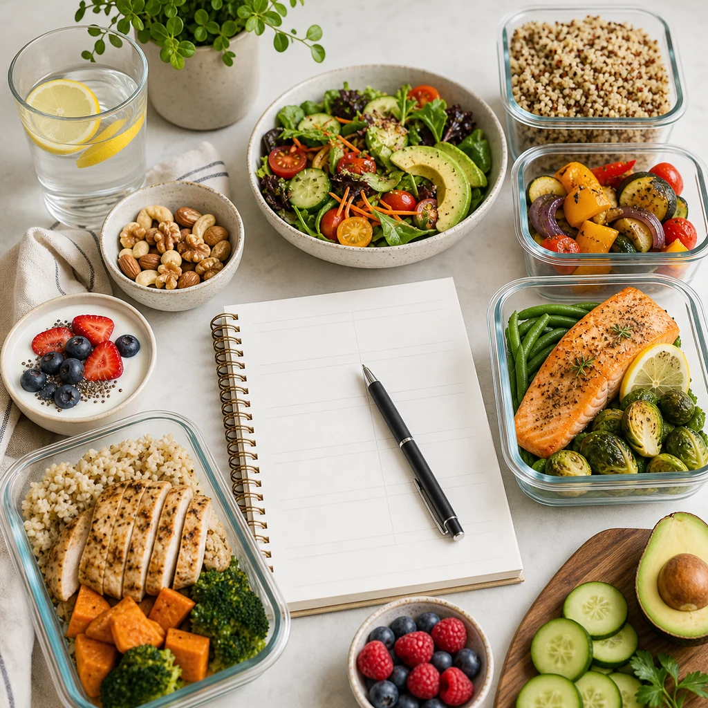 Balanced 14 day clean eating meal plan spread with lean proteins, whole grains, vegetables, fruit, water, and a blank planner