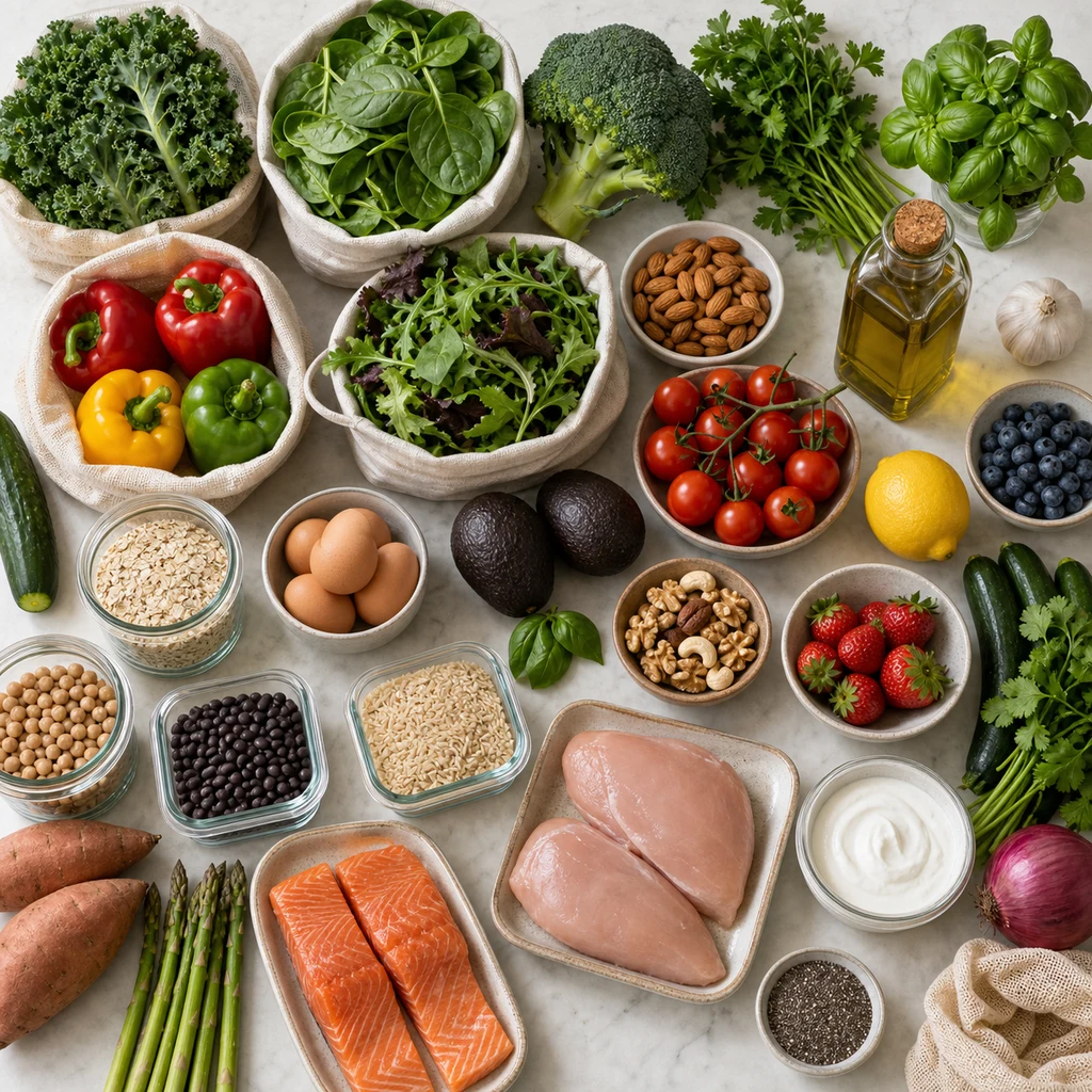 Clean eating grocery ingredients arranged by food group with vegetables, fruit, whole grains, beans, eggs, yogurt, salmon, chicken, nuts, and olive oil