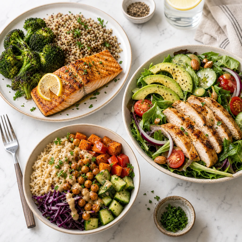 Balanced clean eating lunch and dinner plates with salmon, quinoa, broccoli, chicken salad, avocado, chickpea bowl, brown rice, and vegetables