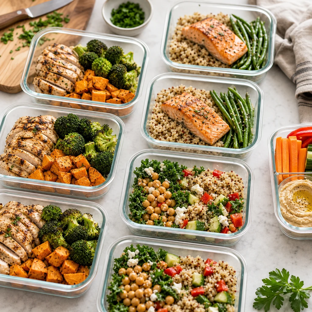 Glass meal prep containers with grilled chicken, salmon, quinoa, sweet potatoes, broccoli, chickpeas, kale, vegetables, and hummus
