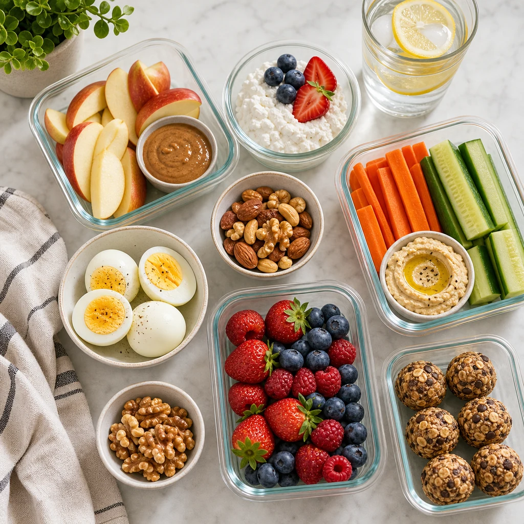 Clean eating snack prep with apple slices, almond butter, vegetables and hummus, boiled eggs, nuts, berries, Greek yogurt, and lemon water