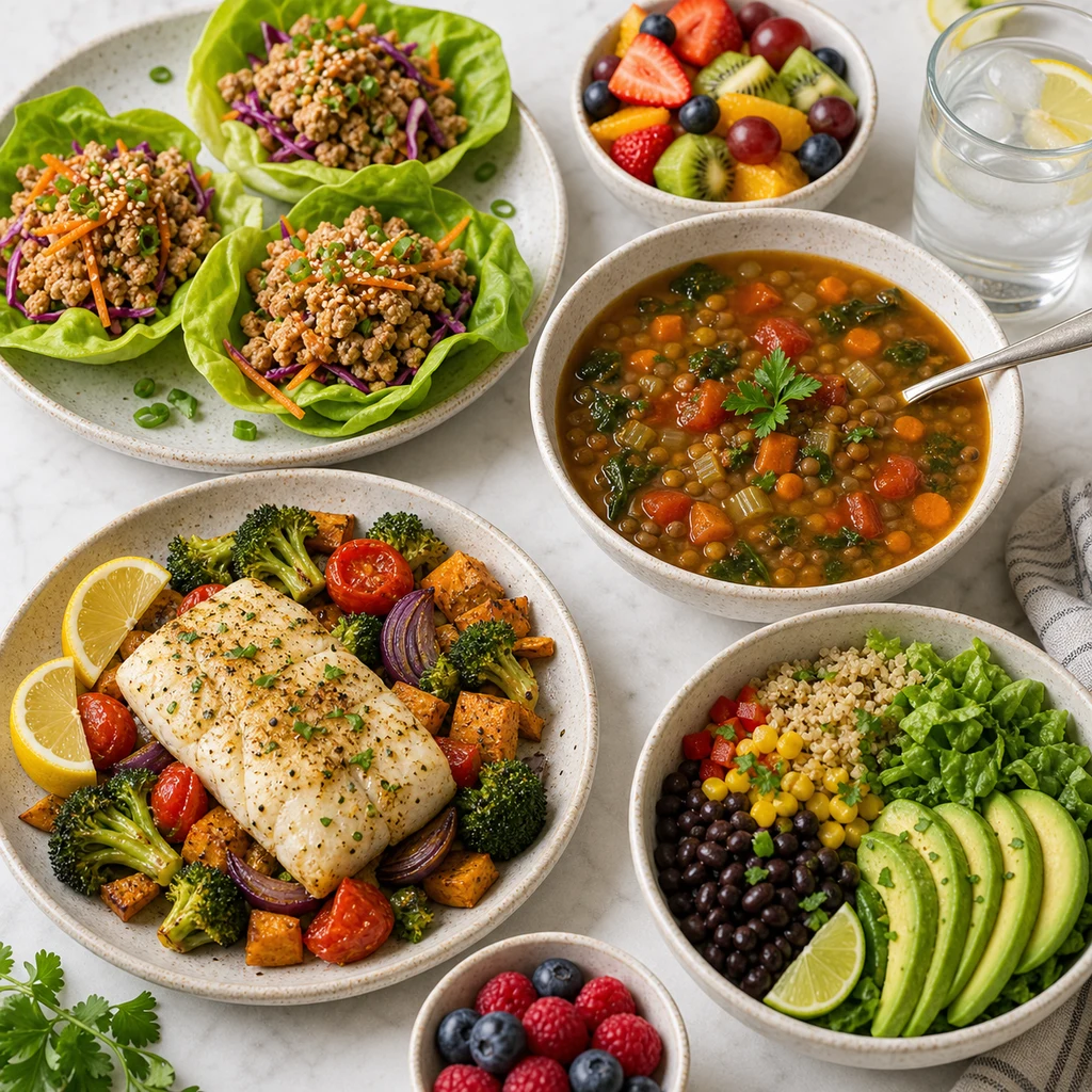 Week two clean eating meal variety with turkey lettuce wraps, lentil vegetable soup, baked cod, roasted vegetables, quinoa black bean bowl, and fruit