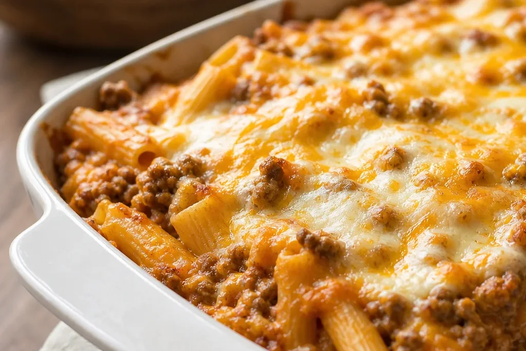 Baked cheesy beef casserole with melted cheddar and mozzarella in a baking dish