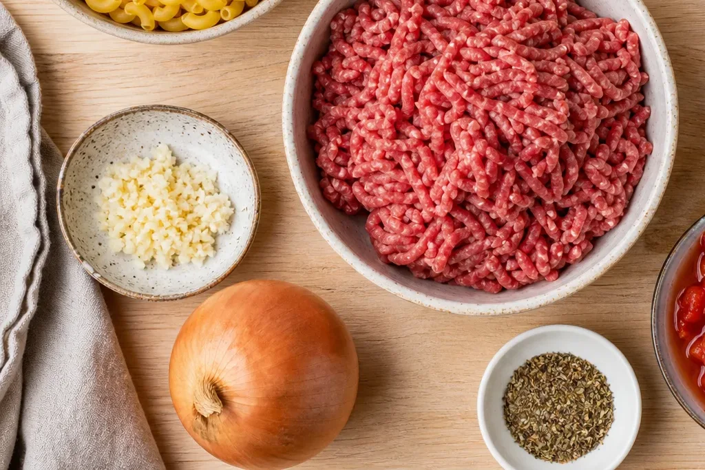 Cheesy beef casserole ingredients including ground beef, pasta, cheese, and tomato sauce