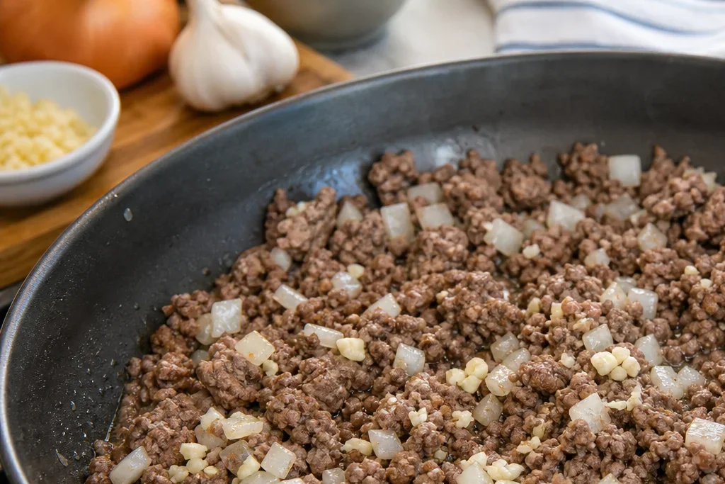 Ground beef cooking with onion and garlic in a skillet