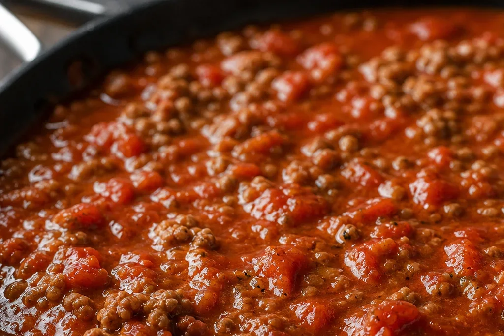 Beef tomato sauce simmering in a skillet for casserole