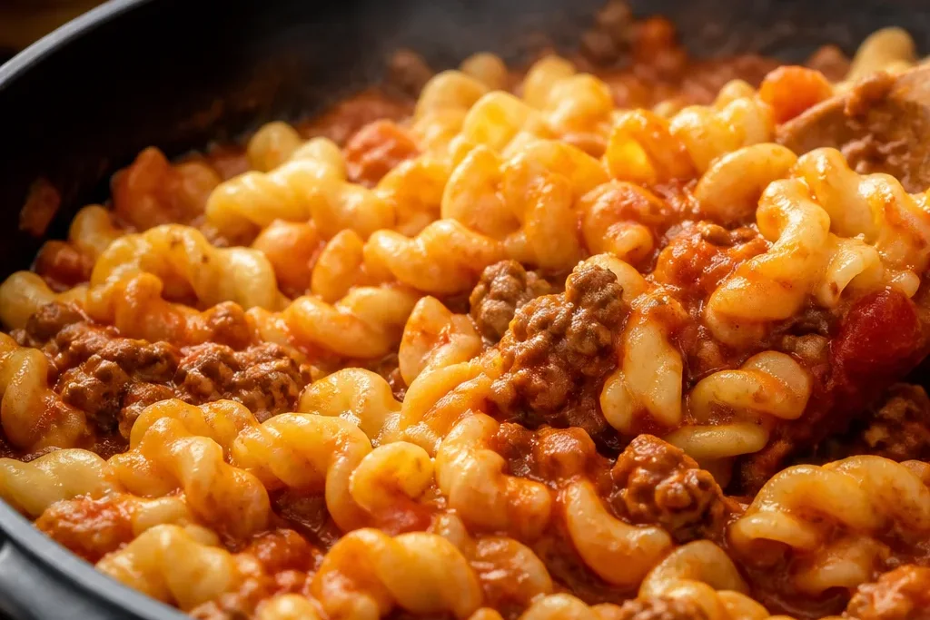 Cooked pasta stirred into beef tomato sauce for cheesy casserole