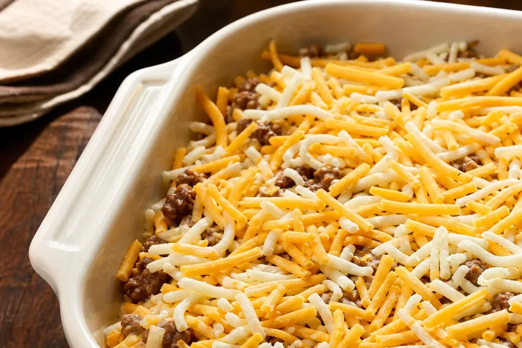 Cheesy beef casserole topped with cheddar and mozzarella before baking