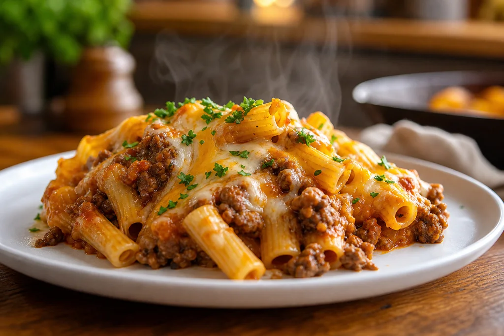 Scoop of cheesy beef casserole on a plate garnished with fresh parsley