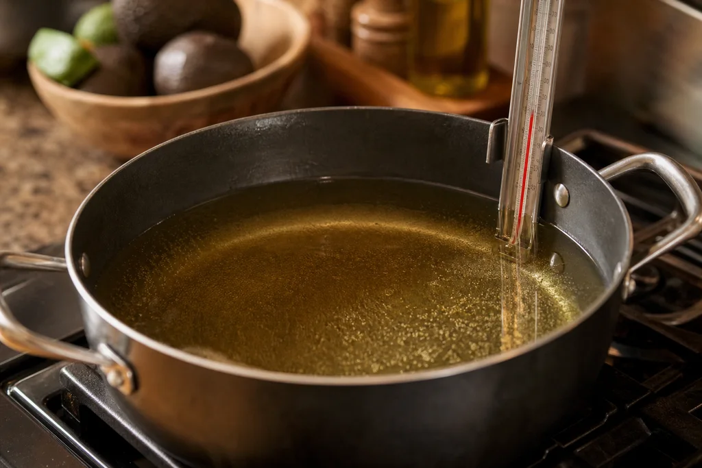 Vegetable oil heating in a deep skillet with a candy thermometer reading 350 degrees F for frying avocado egg rolls