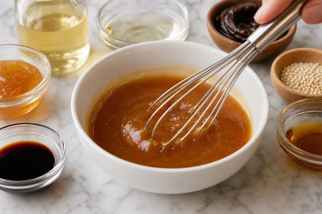 Sweet tangy avocado egg roll dipping sauce whisked smooth in a small bowl with honey and rice vinegar