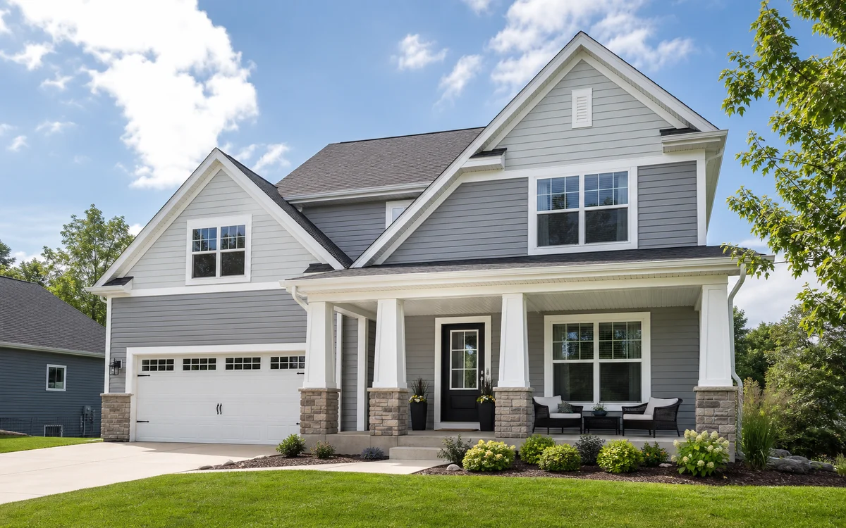 Modern home exterior with clean vinyl siding, white trim, and neat landscaping