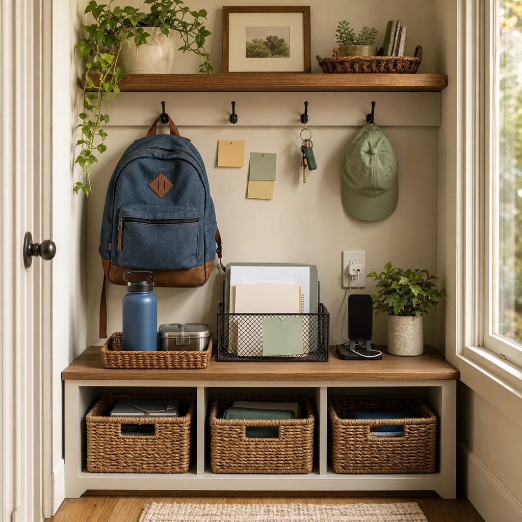 After-school backpack reset station with hook, paper tray, lunchbox basket, and charging spot