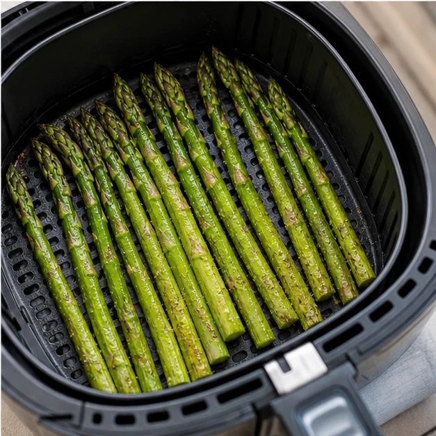Seasoned asparagus arranged in one layer inside an air-fryer basket