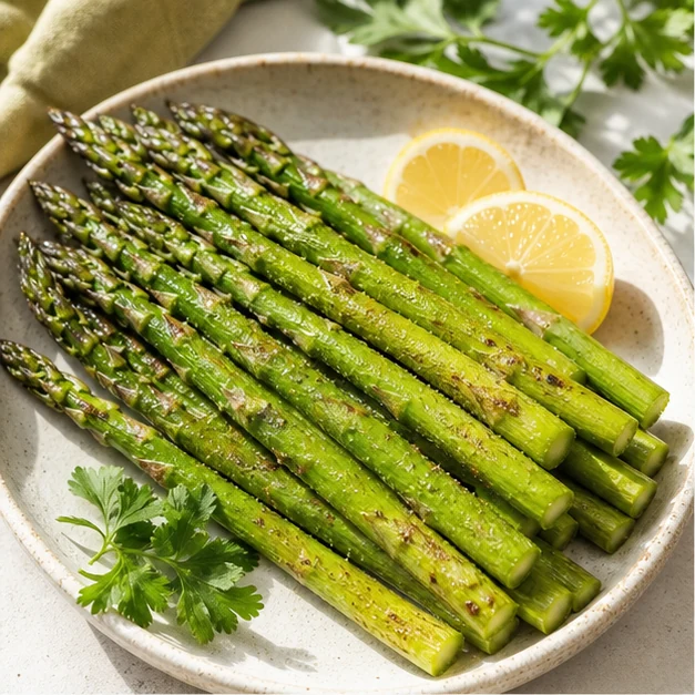 Bright green air-fried asparagus with lightly blistered tips and lemon