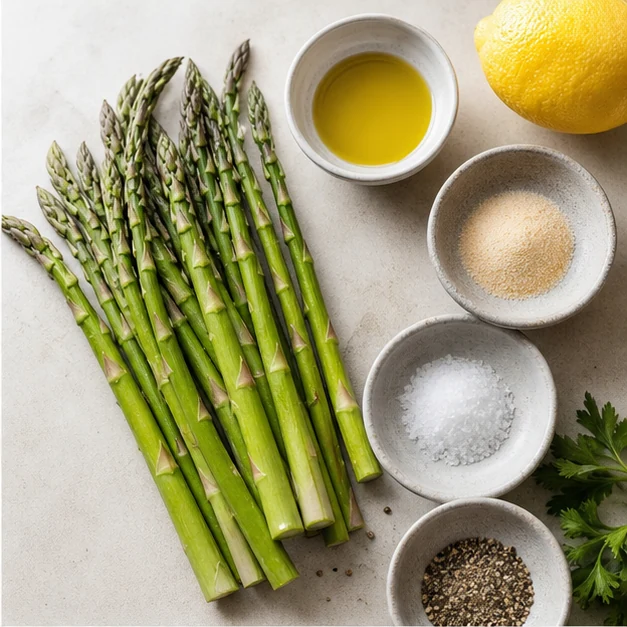 Fresh asparagus, olive oil, lemon, garlic powder, salt and black pepper