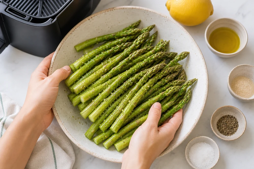 Raw asparagus spears being coated with olive oil and seasonings