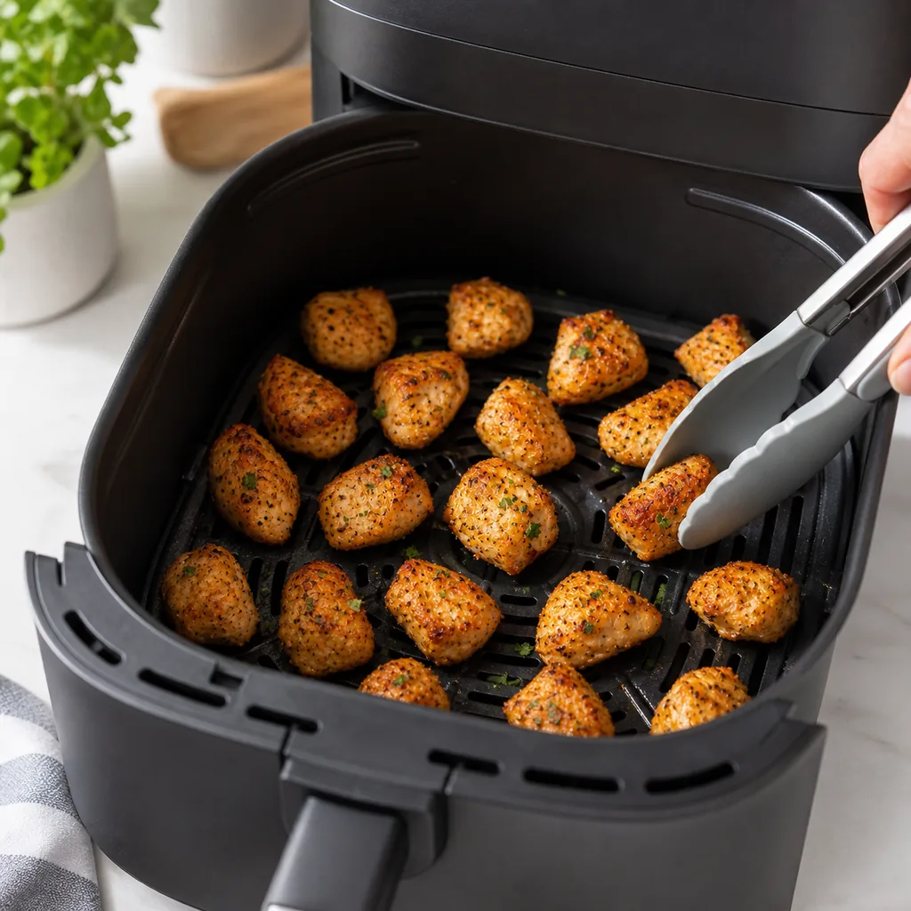 Cooked chicken bites spaced in one layer inside an air fryer basket