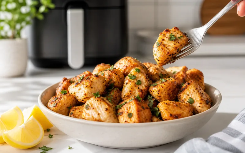Golden crispy air fryer chicken bites with lemon and parsley
