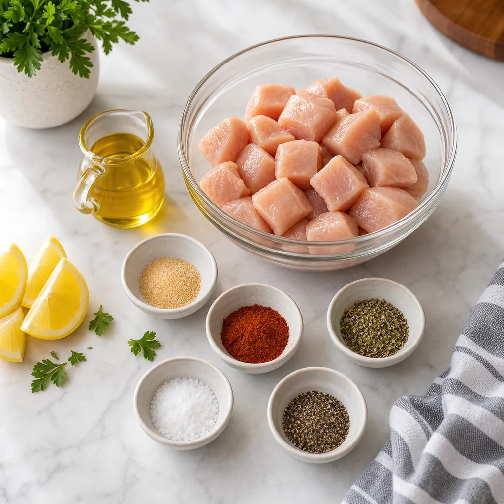 Chicken breast cubes, olive oil, garlic powder, paprika, oregano, salt and pepper