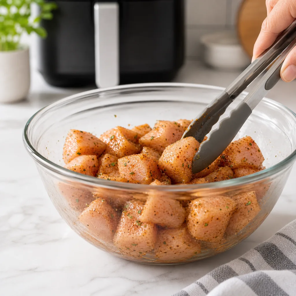 Raw chicken breast cubes evenly coated with garlic paprika seasoning