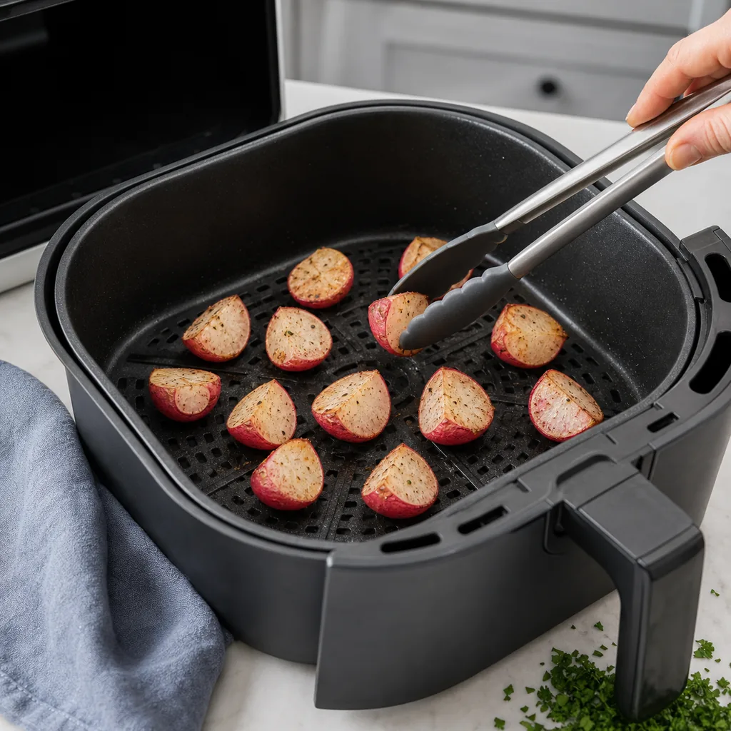 Seasoned radishes cooking in one layer inside an air fryer basket