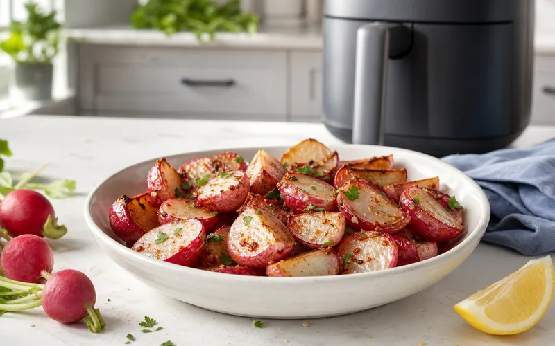 Crispy seasoned air fryer radishes served with parsley and lemon