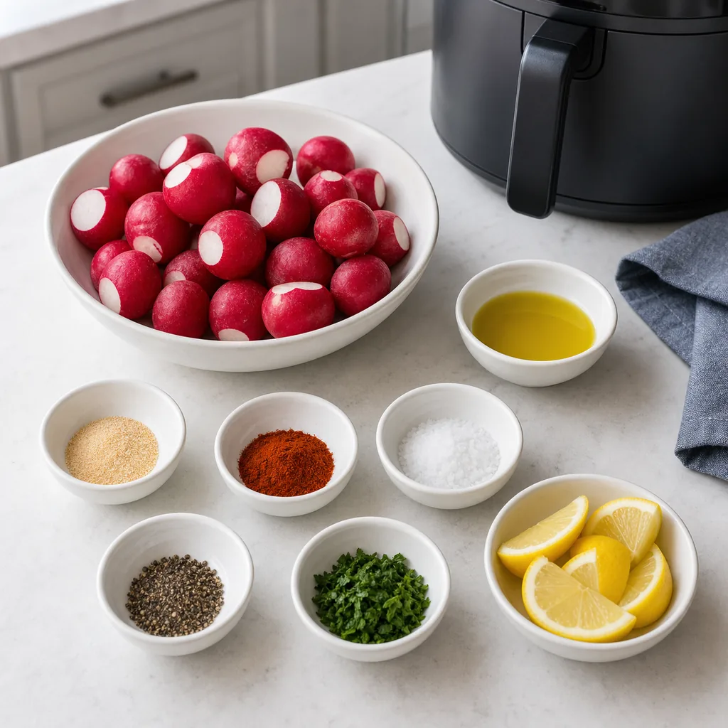 Radishes, olive oil, garlic, paprika, salt, pepper, parsley and lemon