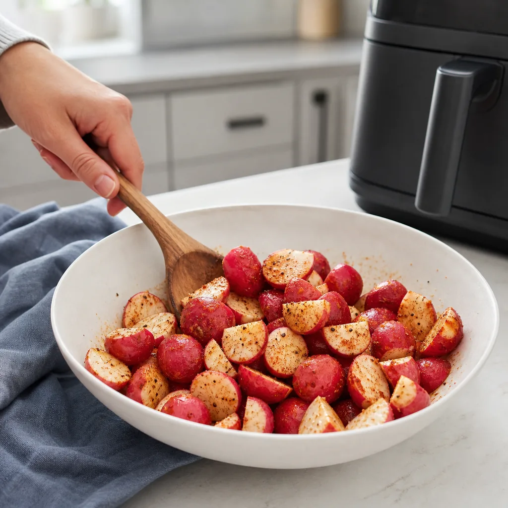 Halved and quartered radishes coated evenly with air fryer seasonings