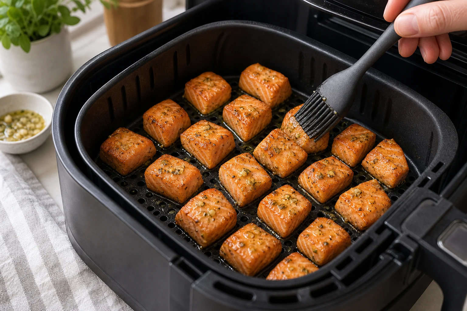 Salmon bites arranged in a single layer inside an air fryer basket with garlic butter