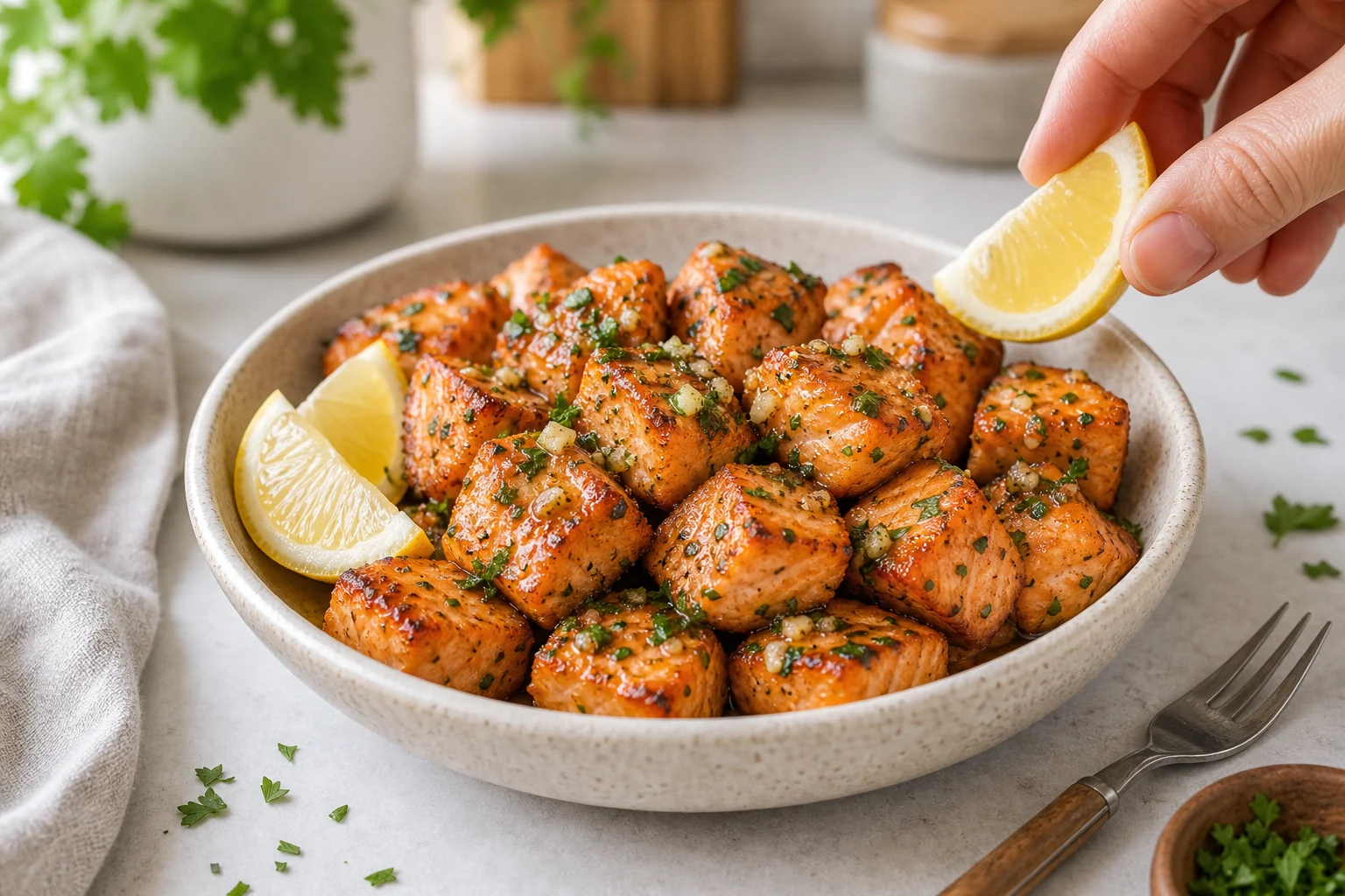 Golden air fryer garlic butter salmon bites in a bowl with lemon and parsley
