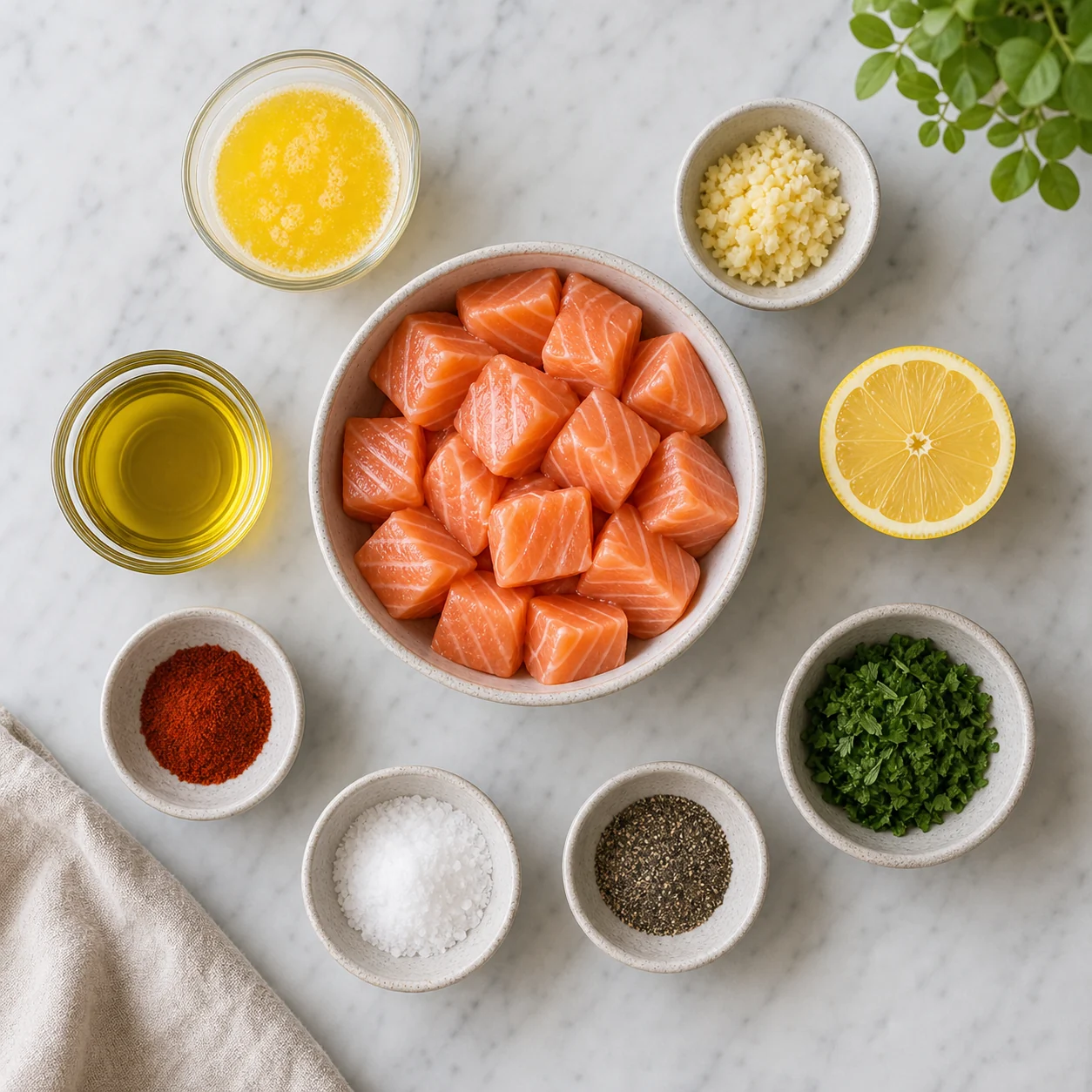 Salmon cubes, melted butter, garlic, lemon, olive oil, paprika, salt, pepper, and parsley
