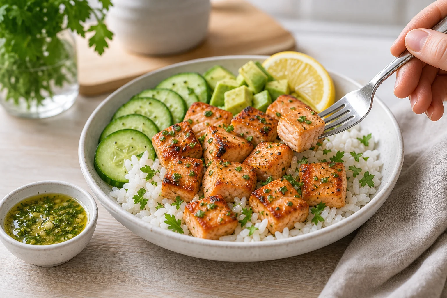 Air fryer garlic butter salmon bites served over rice with cucumber, avocado, and lemon
