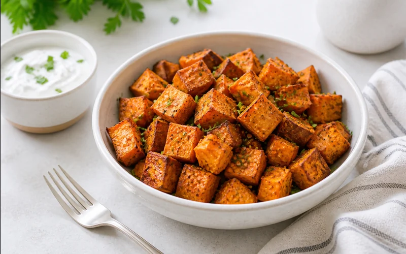 Crispy air fryer sweet potato cubes in a bowl with herb dip