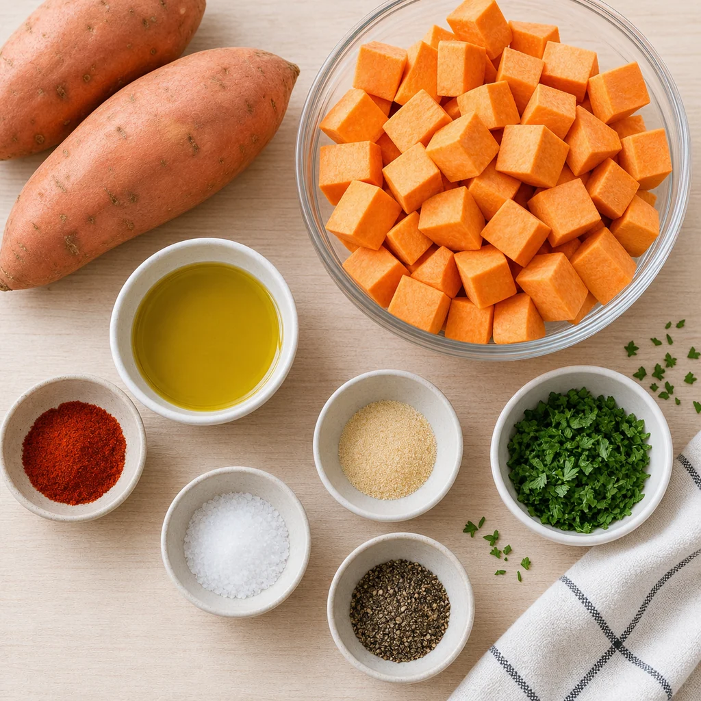 Sweet potatoes, oil, spices, and herbs for air fryer sweet potato cubes