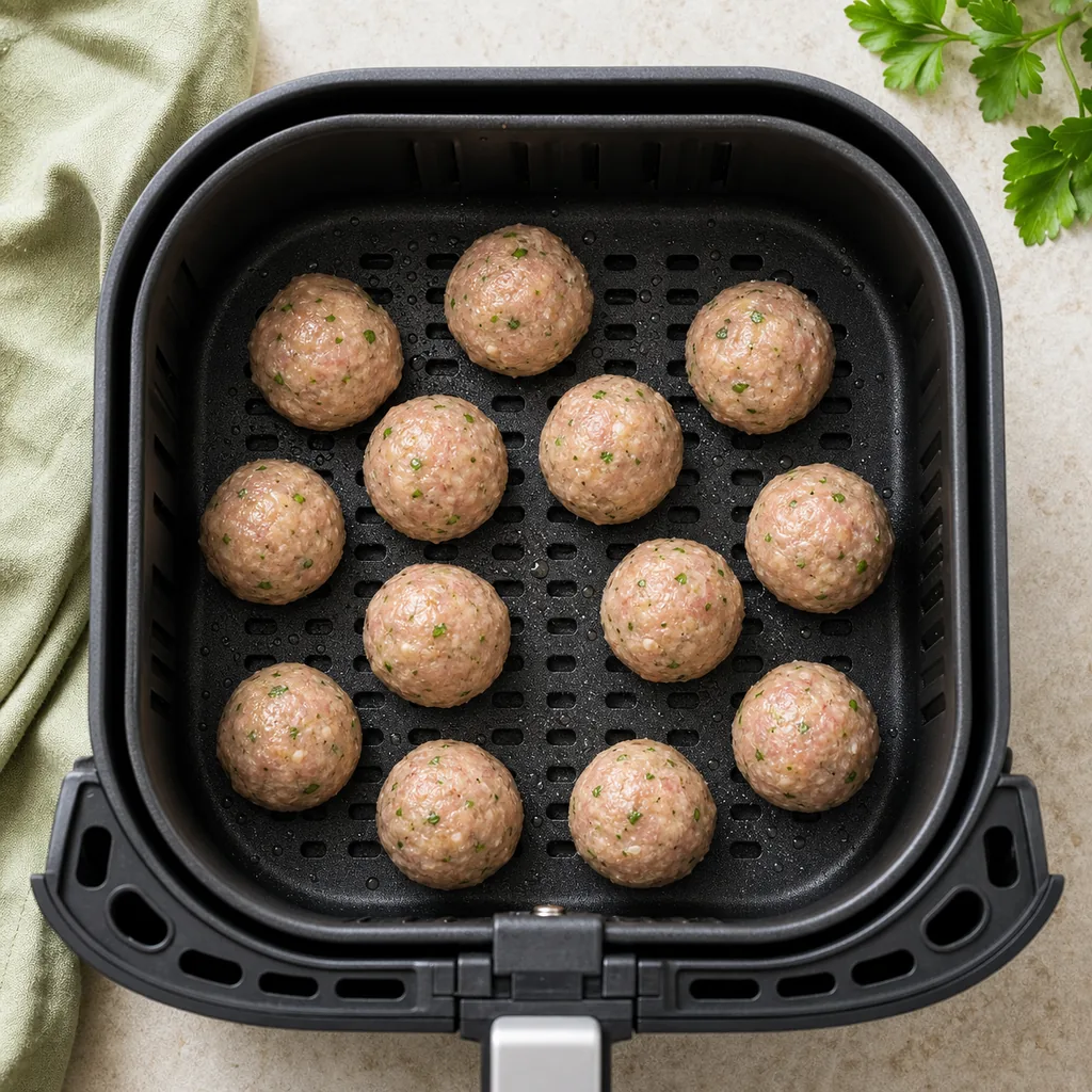 Raw turkey meatballs arranged with space in an air fryer basket