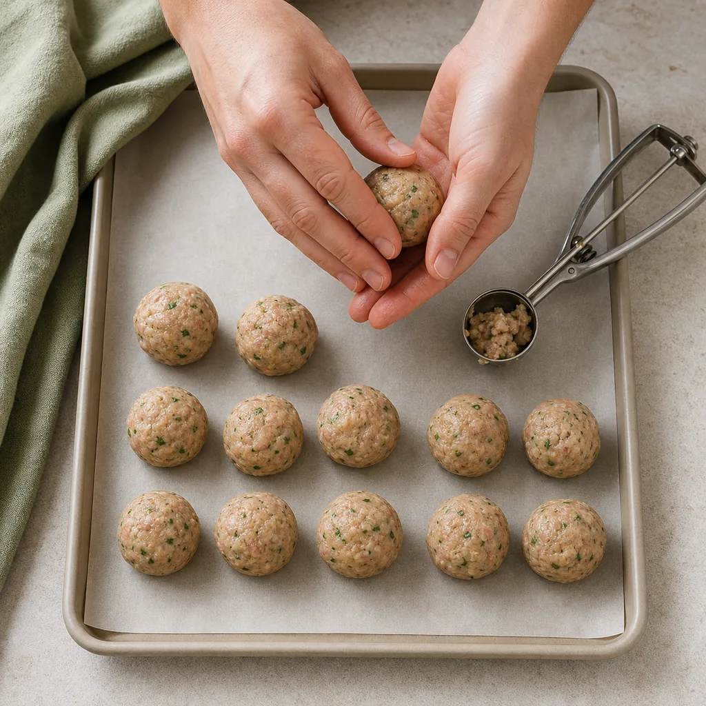 Hands shaping uniform one-inch turkey meatballs