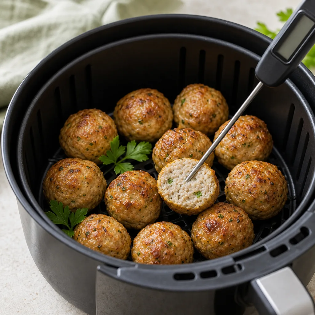 Instant-read thermometer checking cooked air fryer turkey meatballs