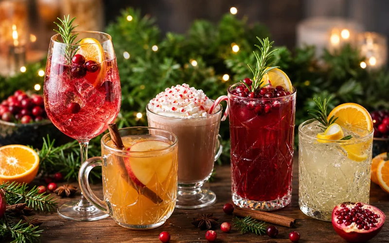 Assorted alcohol-free Christmas drinks with cranberry, citrus, cider, cocoa, and holiday garnishes
