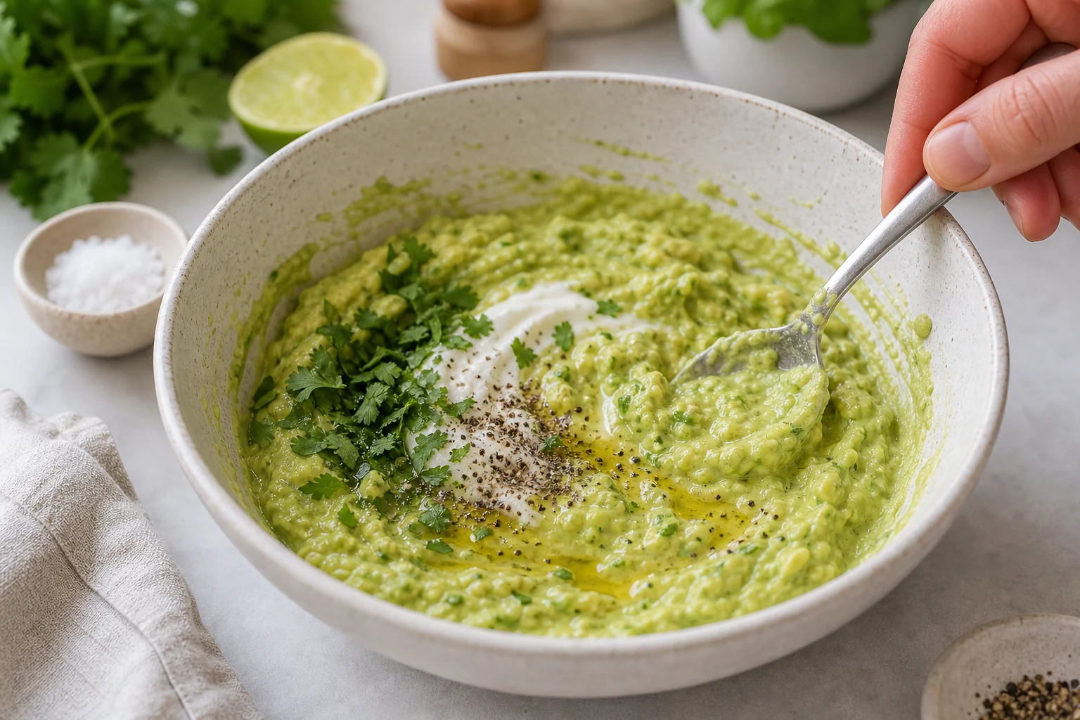 Mashed avocado dressing with Greek yogurt, lime, cilantro, salt, and pepper in a bowl