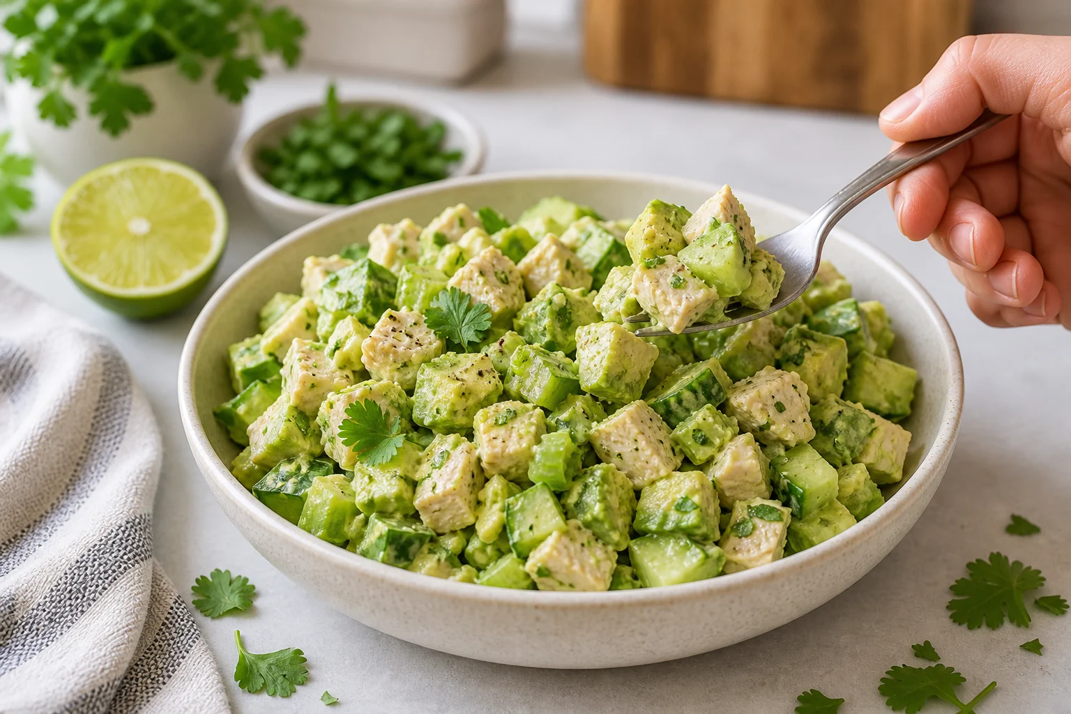 Low carb avocado chicken salad in a bowl with cucumber, lime, cilantro, and fork