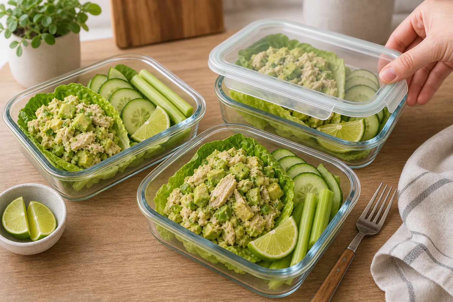 Avocado chicken salad packed in glass meal prep containers with lettuce, cucumber, celery, and lime