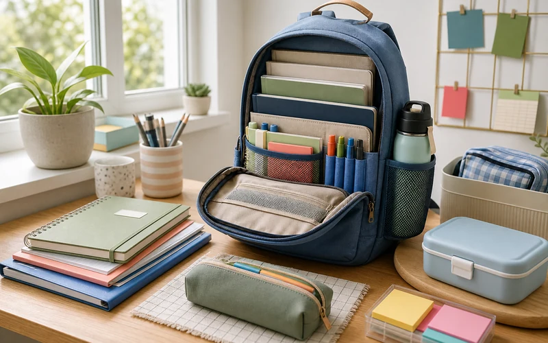 Organized school backpack with notebooks, supplies, lunch box, and water bottle on a bright desk