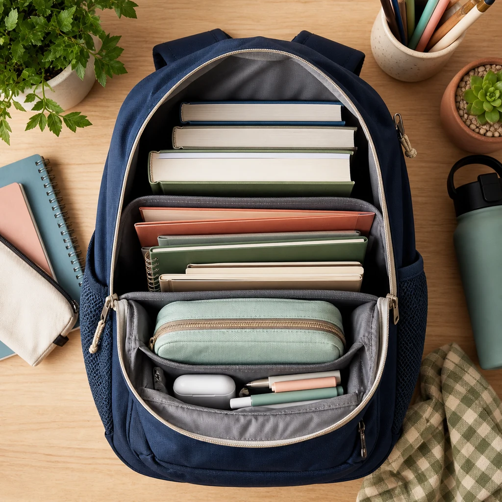 School backpack packing zones with books, folders, pouch, and small supplies arranged by weight