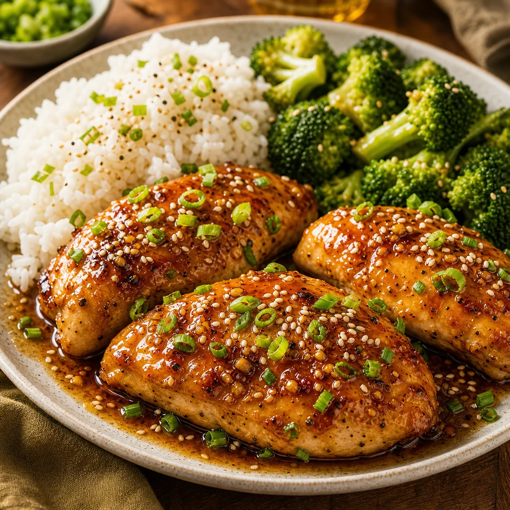 Baked Honey Garlic Chicken with glazed chicken breasts, rice, broccoli, green onions, sesame seeds, and sticky honey garlic sauce